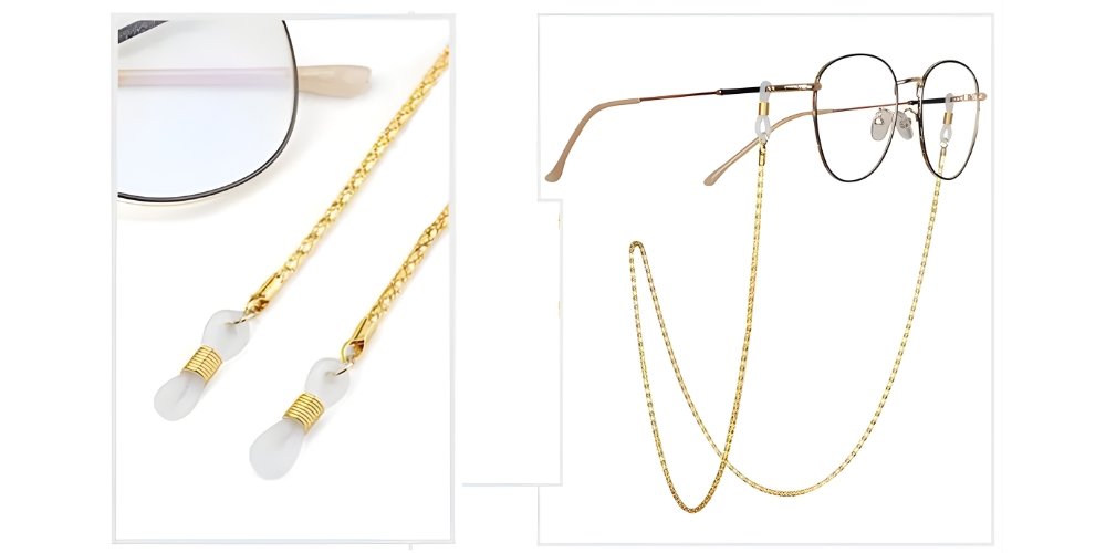 Gold metal glasses neck chain with rubber end loops, shown on a pair of glasses