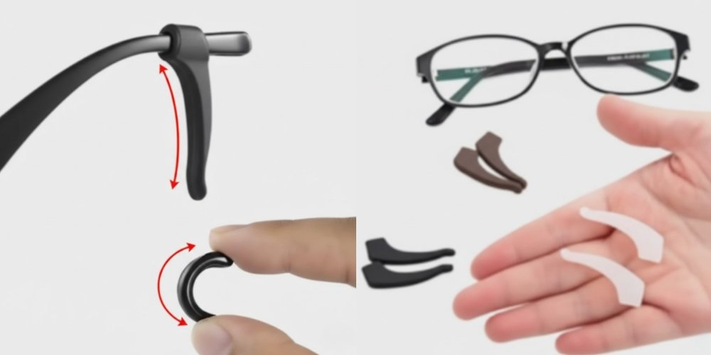 Silicone ear grip hooks fitted to glasses arms, in black, brown and white