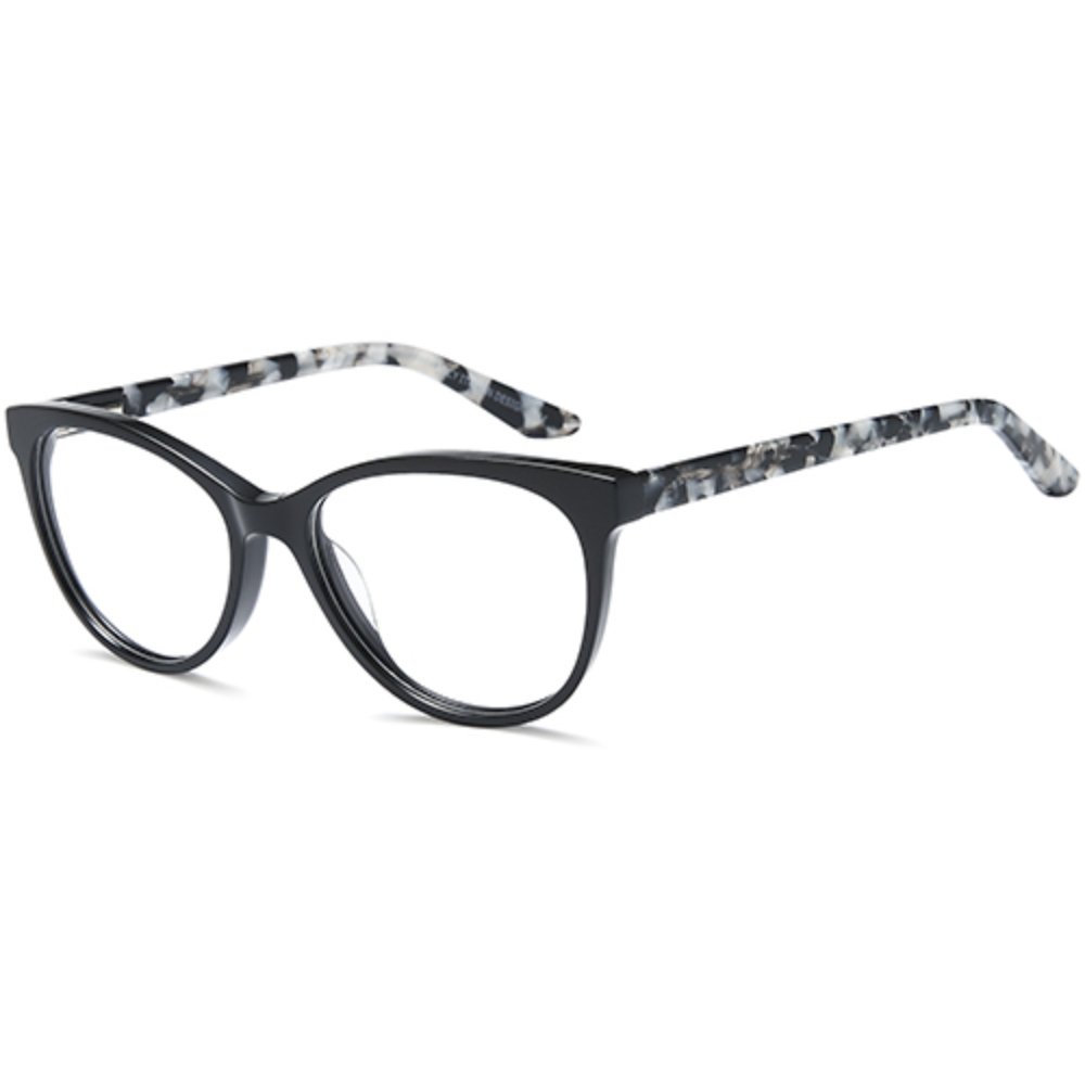 DEL205 glasses in Black, black soft cat-eye frame with patterned arms