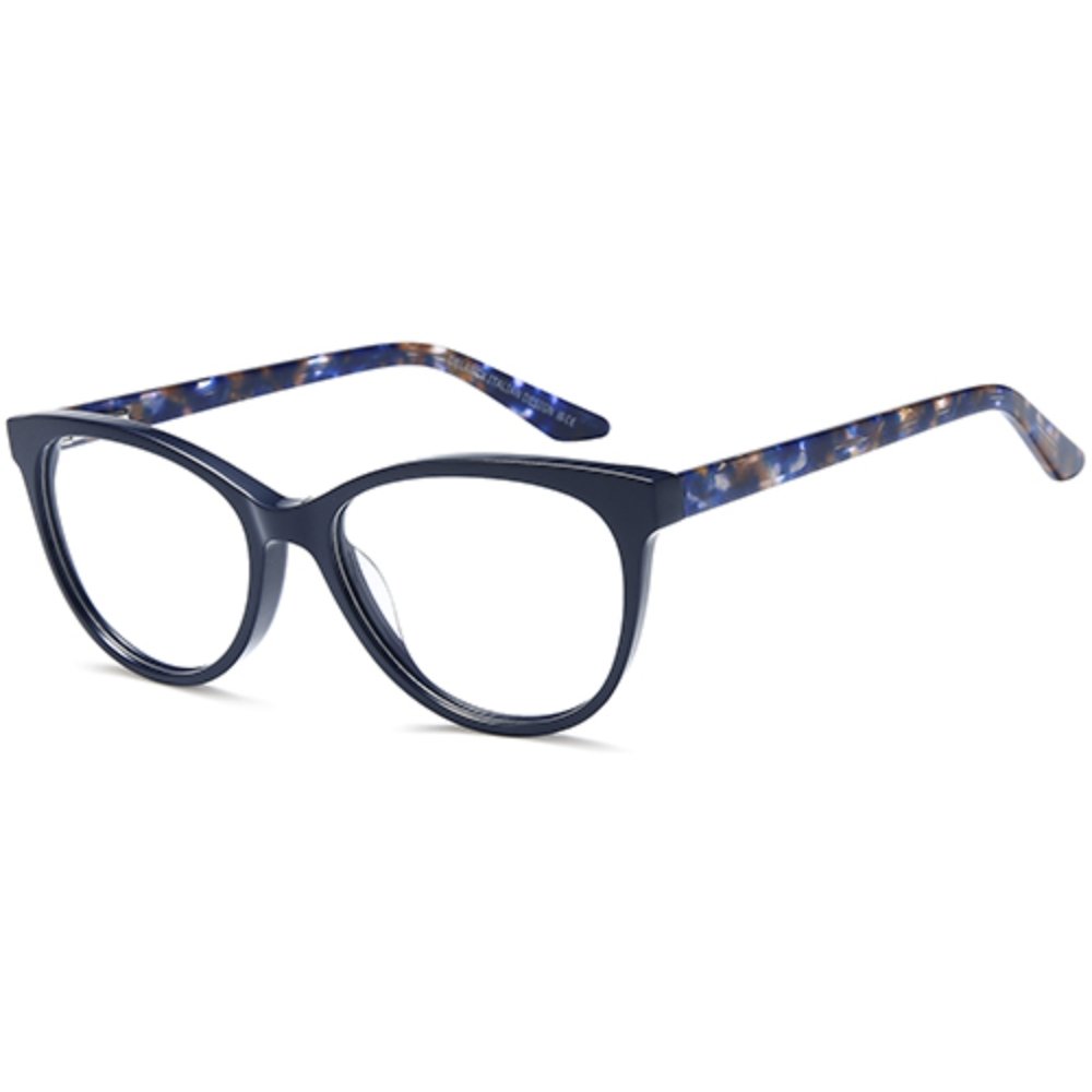 DEL205 glasses in Blue, navy soft cat-eye frame with patterned arms