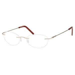 EXPLORE prescription glasses in Gold, gold rimless frame with brown arms